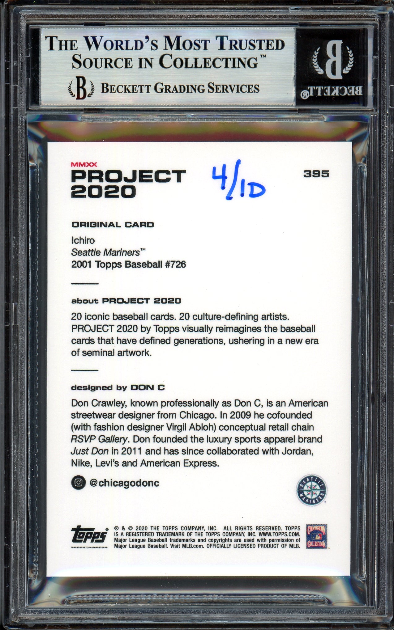 Ichiro Suzuki Autographed Topps Project 2020 Don C Card #395 Seattle Mariners Gold #/10 Beckett BAS Stock #201152