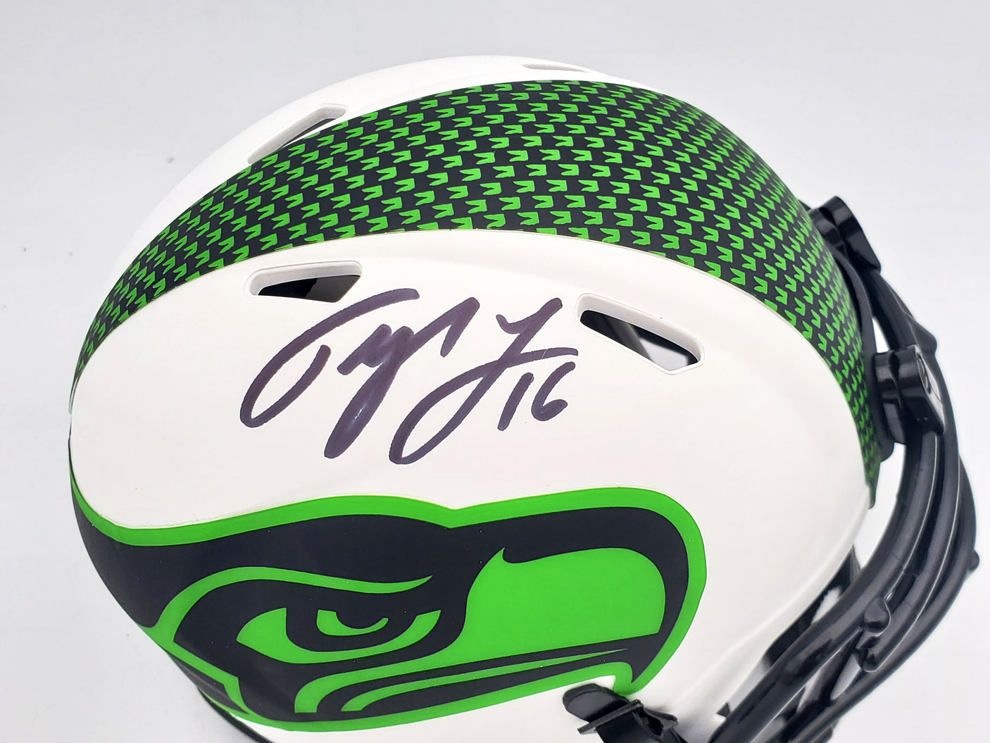 Tyler Lockett Autographed Seattle Seahawks Lunar Eclipse White Speed Mini Helmet MCS Holo Stock #200483