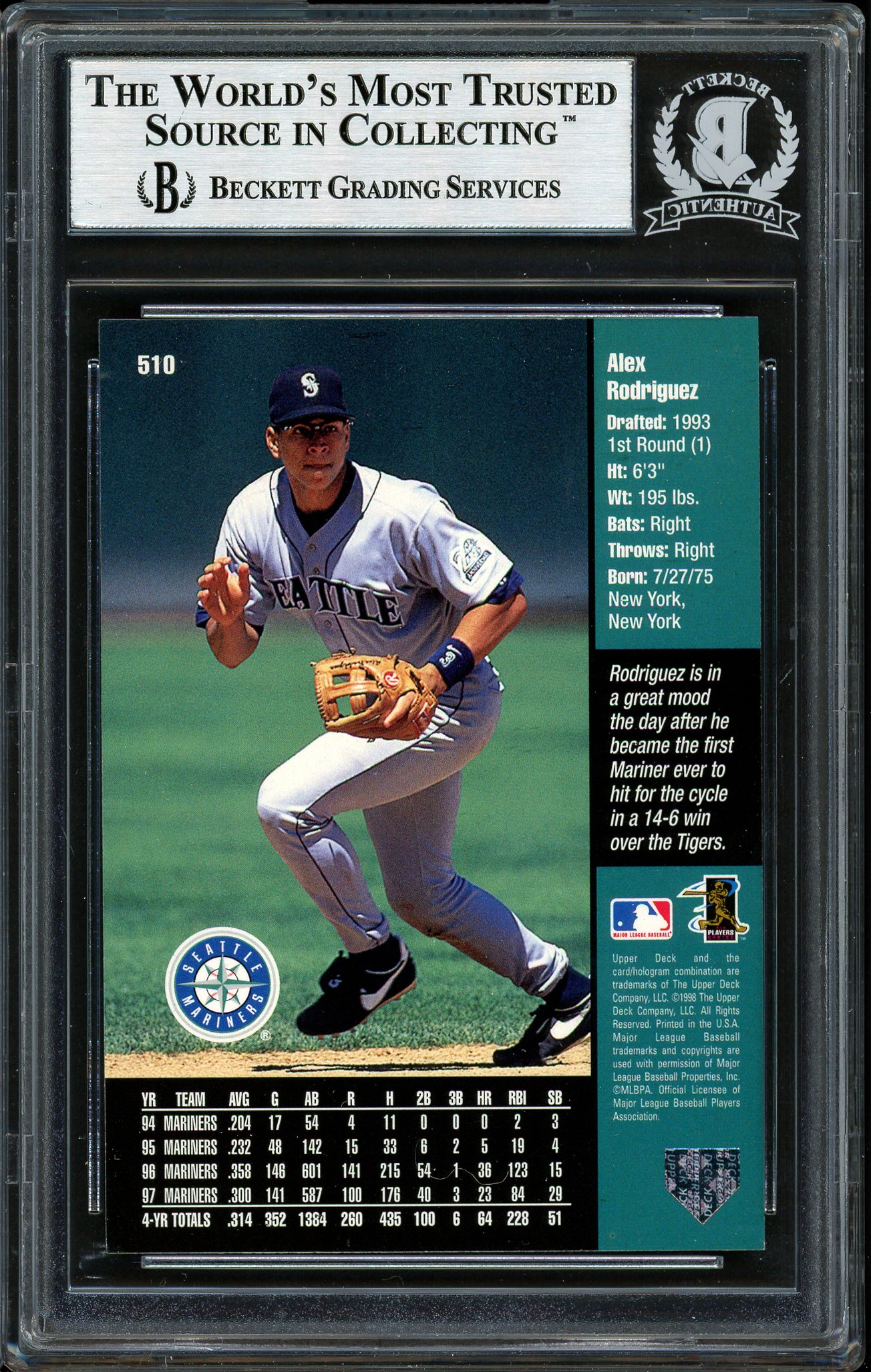 Alex Rodriguez Autographed 1998 Upper Deck Card #510 Seattle Mariners Beckett BAS #12410308