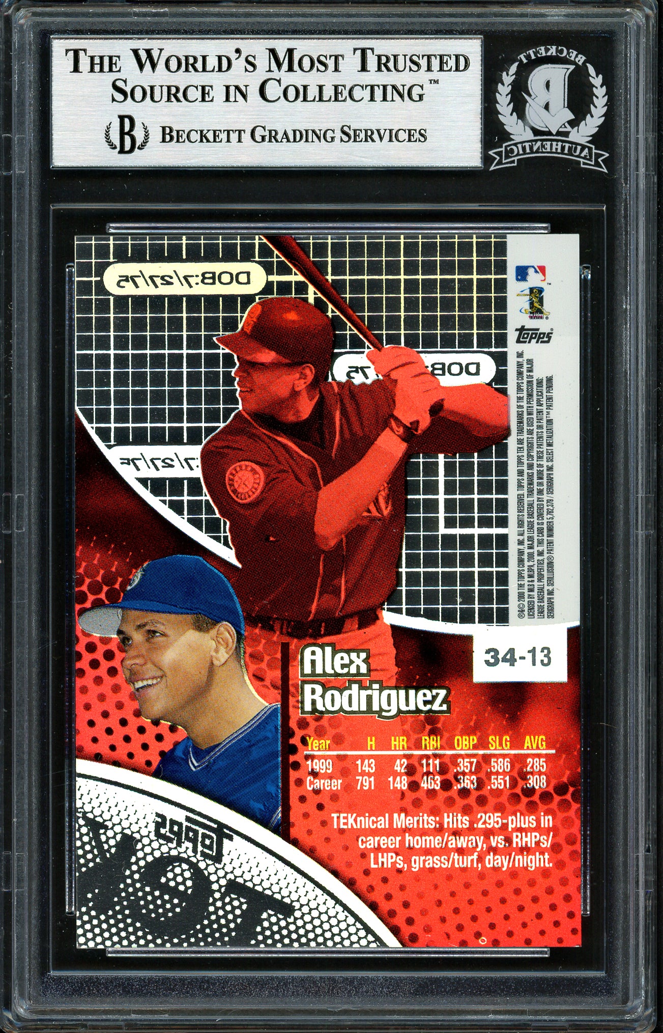 Alex Rodriguez Autographed 2000 Topps Tek Card #34-13 Seattle Mariners Beckett BAS #12410358