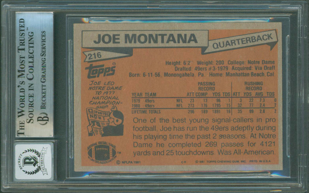 49ers Joe Montana "HOF 2000" Signed 1981 Topps #216 Rookie Card BAS Slabbed 3