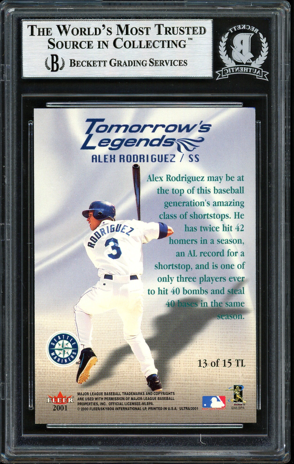 Alex Rodriguez Autographed 2001 Fleer Ultra Tomorrows Legends Card #13 Seattle Mariners Beckett BAS #12410383