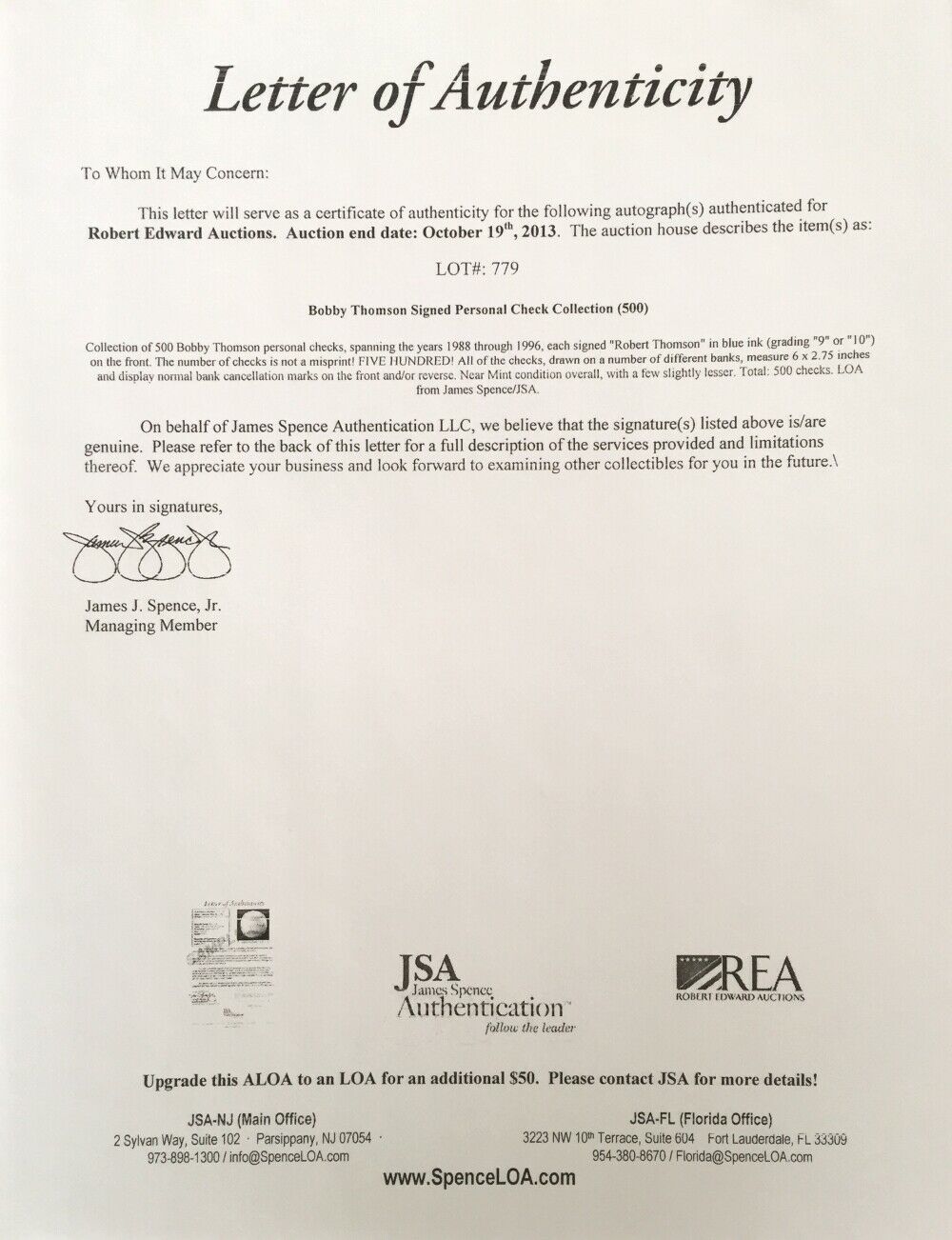 Bobby Thomson New York Giants Signed Checks 4931-4944 JSA