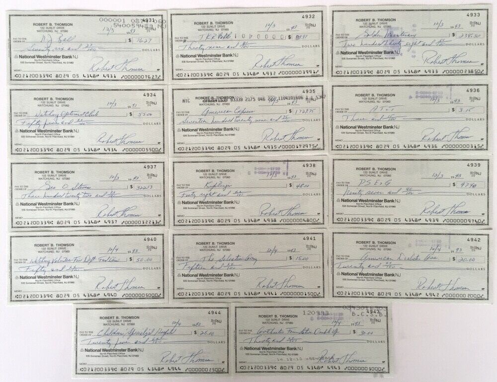 Bobby Thomson New York Giants Signed Checks 4931-4944 JSA