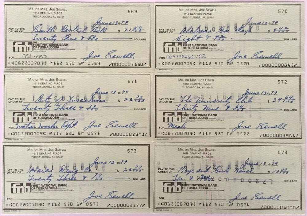 LOT of 6 Joe Sewell Cleveland Indians Signed  Checks 569-574