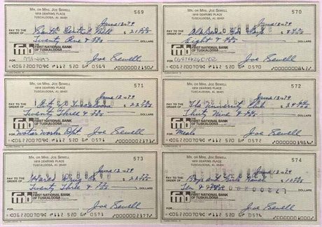 LOT of 6 Joe Sewell Cleveland Indians Signed  Checks 569-574