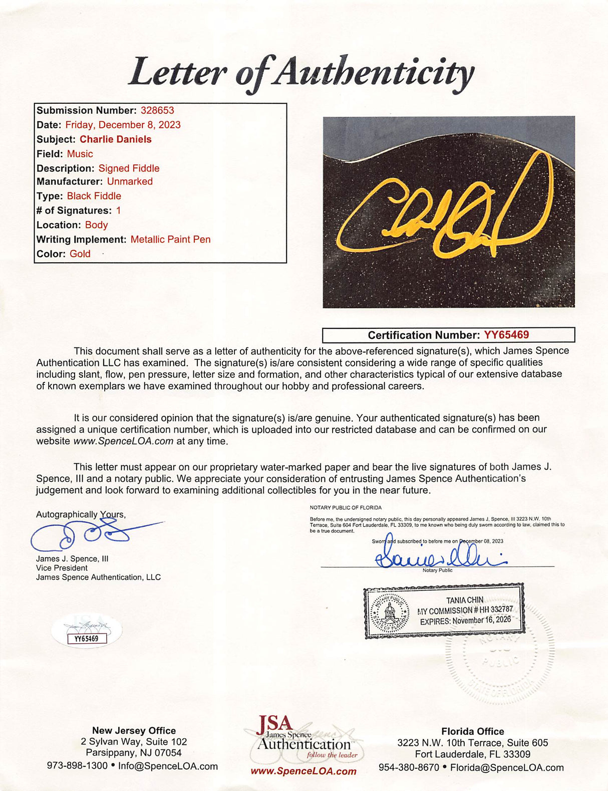 Charlie Daniels Devil Went Down To Georgia Authentic Signed Fiddle JSA #YY65469