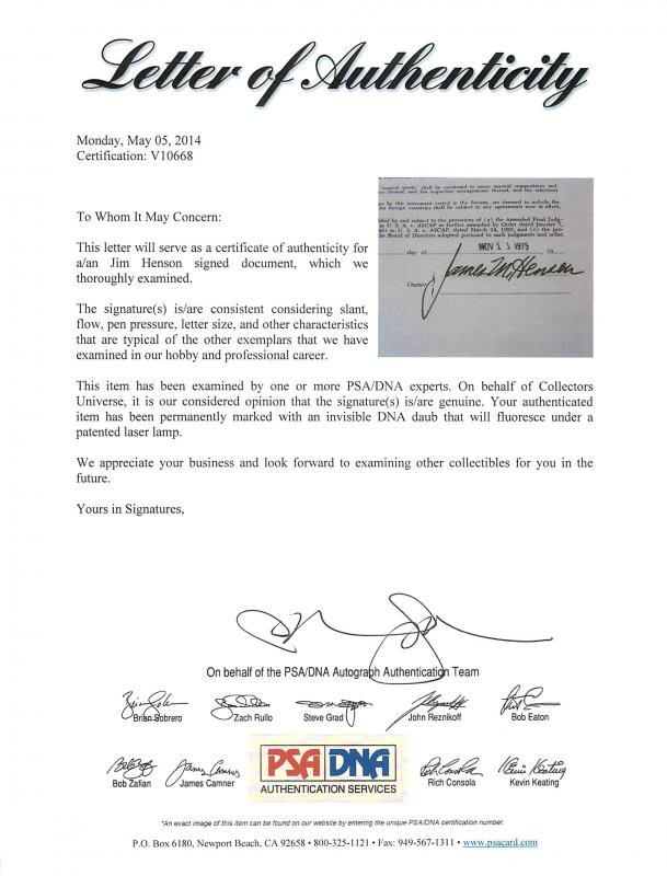 Jim Henson The Muppets Authentic Signed 1975 Document PSA/DNA #V10668