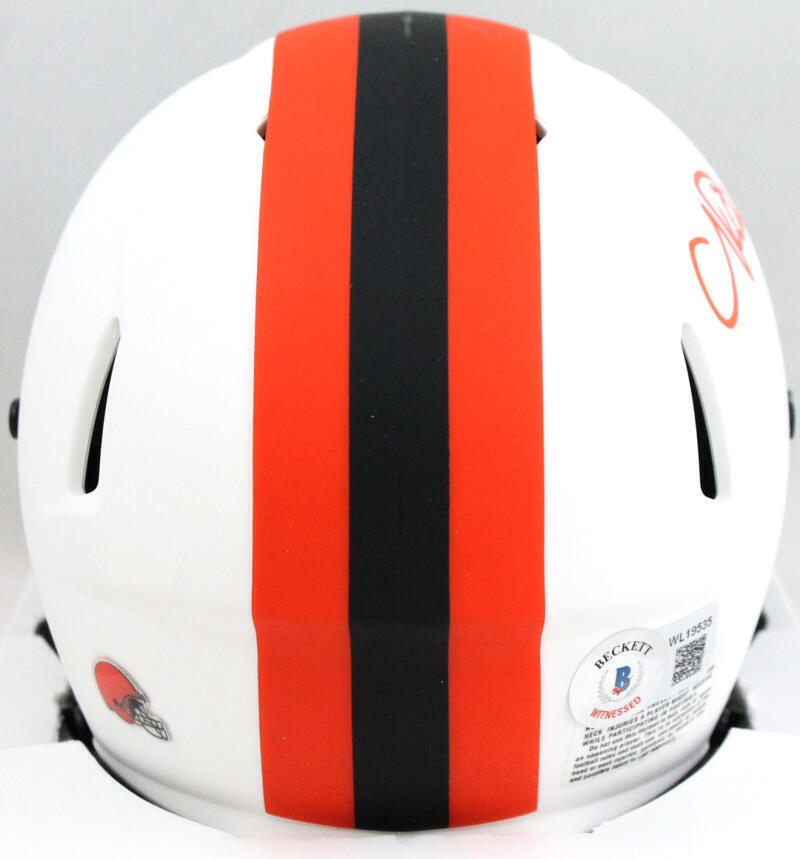 Nick Chubb Autographed Browns Lunar Speed Mini Helmet-Beckett W Hologram *Orange