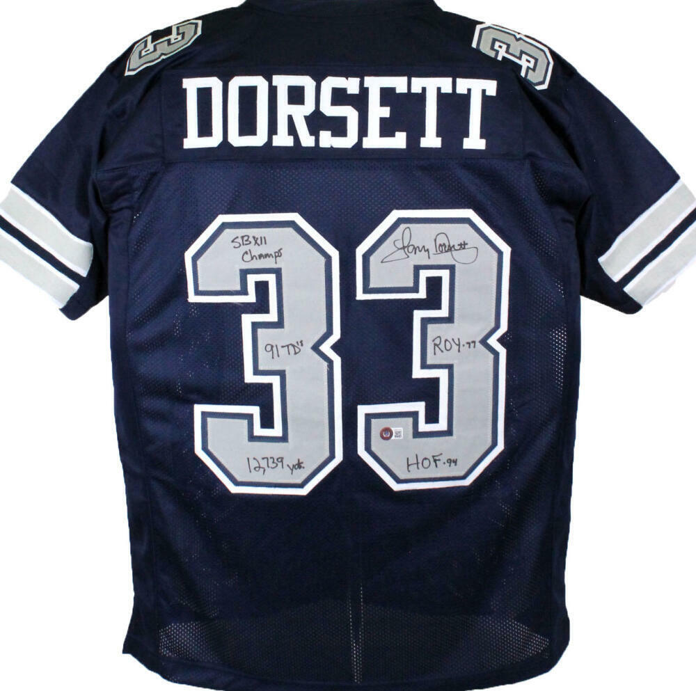 Tony Dorsett Autographed Blue Pro Style Jersey w/5 Stats- Beckett W Hologram