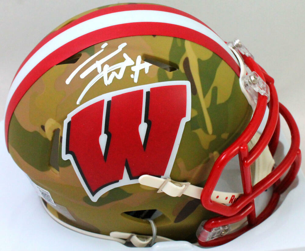 T.J. Watt Signed Wisconsin Badgers Camo Speed Mini Helmet- Beckett W Holo *White