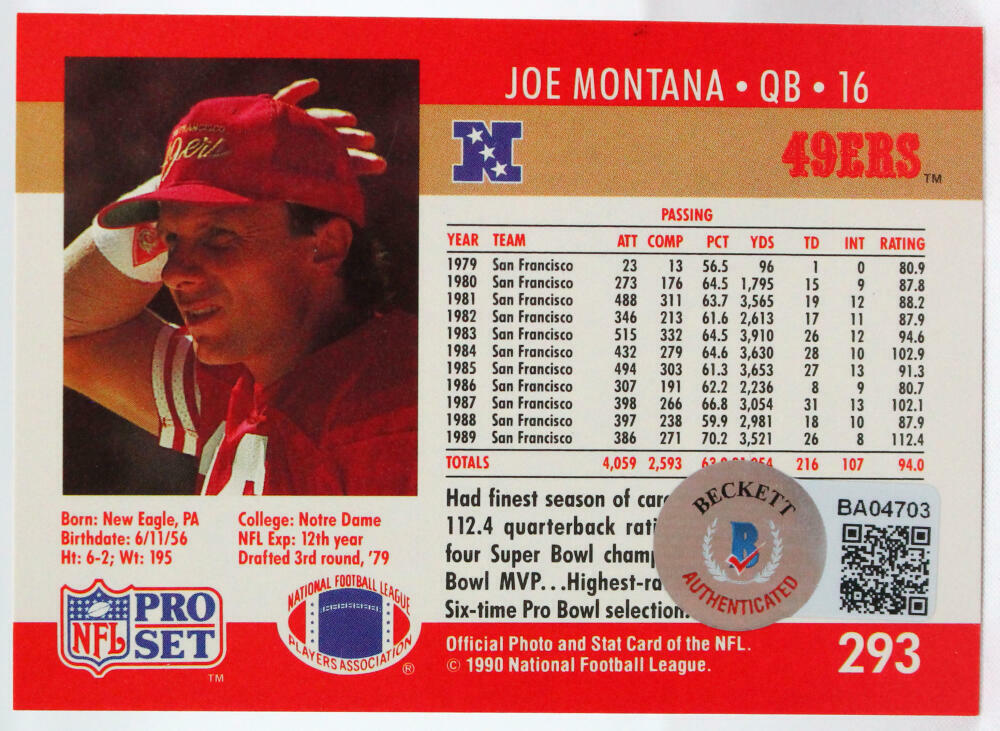 1990 Pro Set #293 Joe Montana SF 49ers Autograph Beckett Witness