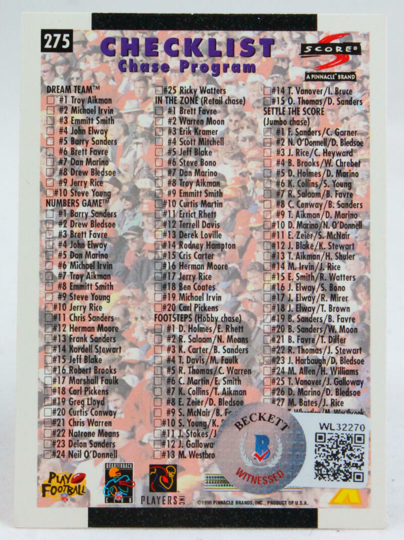 1996 Score Checklist #275 Emmitt Smith Cowboys Autograph Beckett Witness