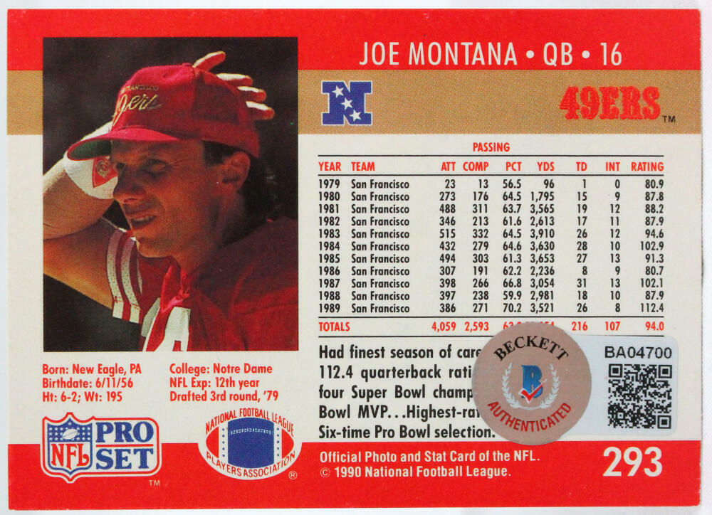 1990 Pro Set #293 Joe Montana SF 49ers Autograph Beckett Witness