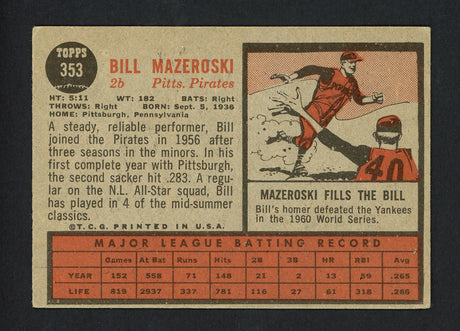 Bill Mazeroski Autographed 1962 Topps Card #353 Pittsburgh Pirates SKU #161769
