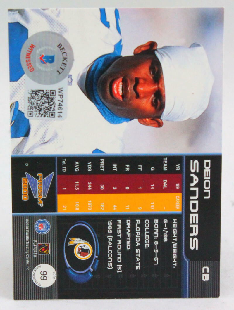2000 Pacific Prism #99 Deion Sanders Dallas Cowboys Autograph Beckett Witness