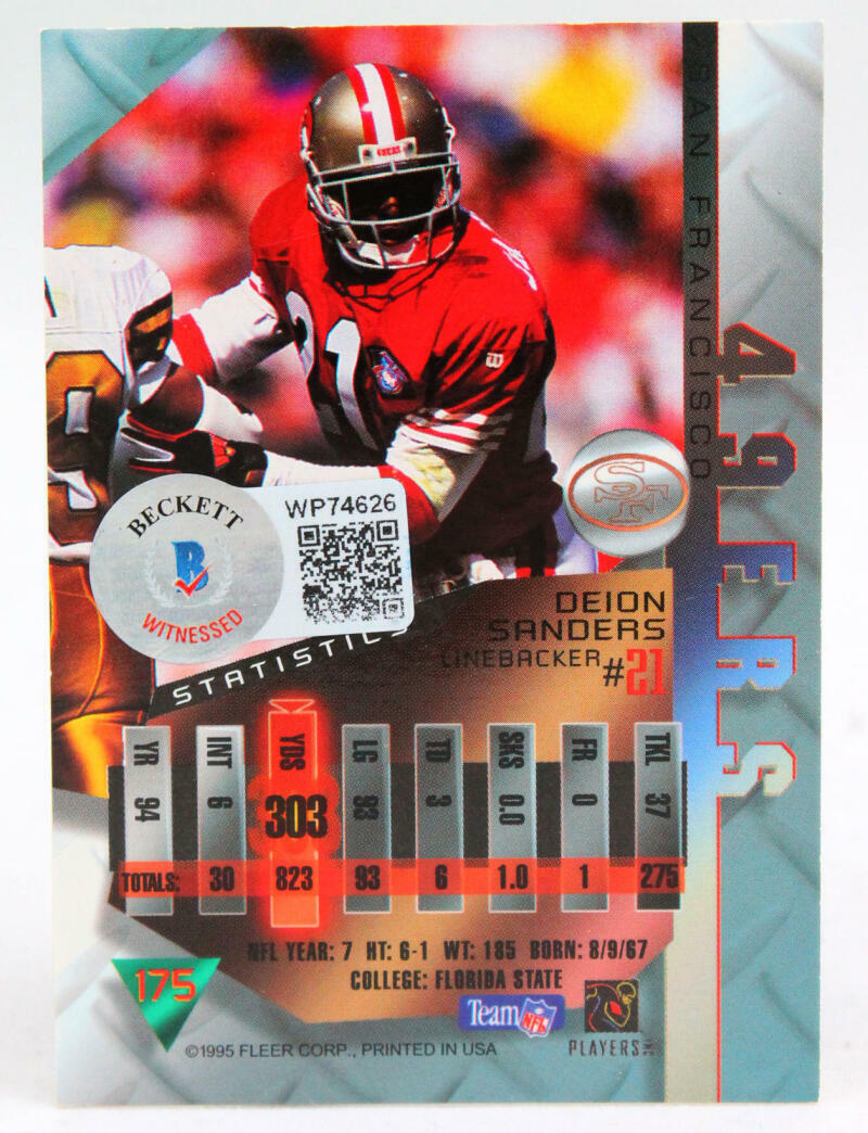 1995 Fleer Metal #175 Deion Sanders San Francisco 49ers Autograph Beckett Witness