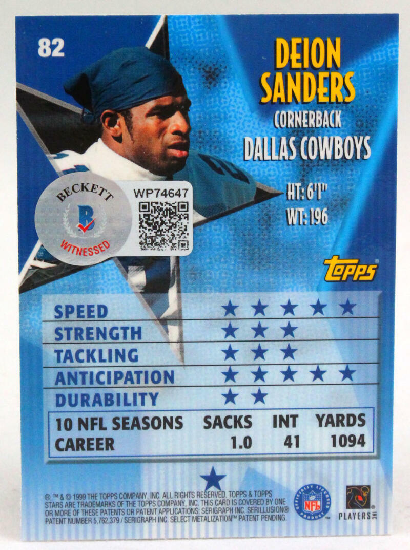 1999 Topps Stars #82 Deion Sanders Dallas Cowboys Autograph Beckett Witness