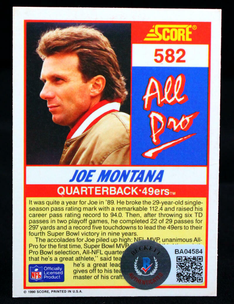 1990 Score All Pro #582 Joe Montana San Francisco 49ers Auto Beckett Witness