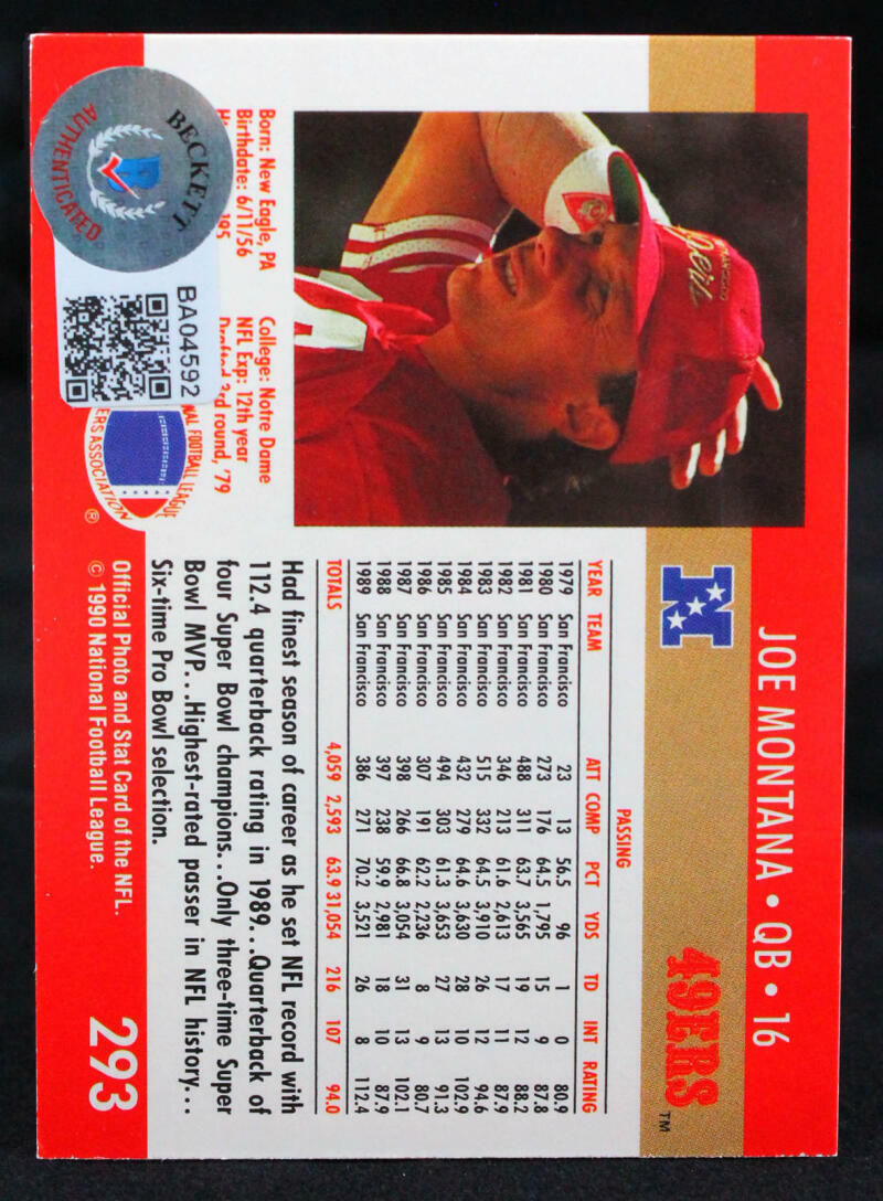 1990 Pro Set #293 Joe Montana 49ers Autograph Beckett Witness