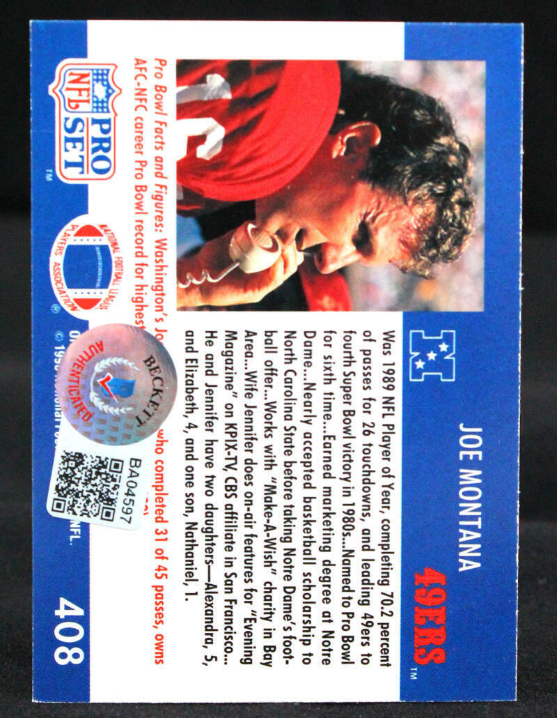 1990 Pro Set Pro Bowl #408 Joe Montana 49ers Autograph Beckett Witness