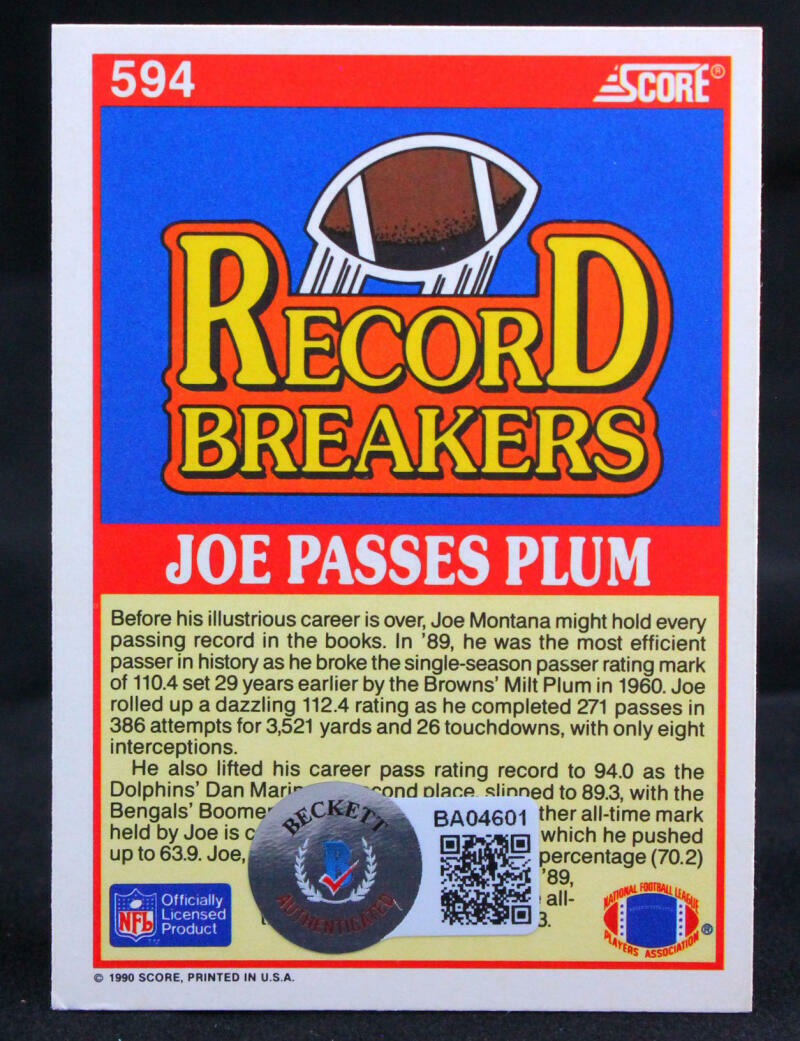1990 Score Record Breakers #594 Joe Montana 49ers Auto Beckett Witness