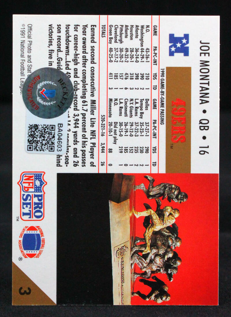 1991 Pro Set #3 Joe Montana San Francisco 49ers Auto Beckett Witness