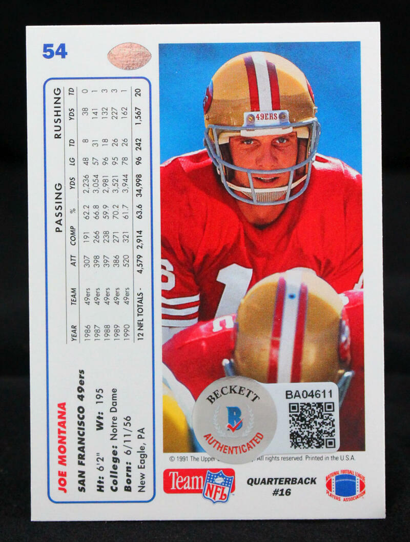 1991 Upper Deck #54 Joe Montana San Francisco 49ers Auto Beckett Witness