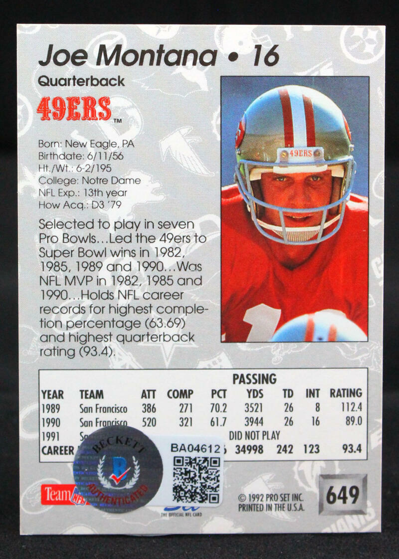 1992 Pro Set #649 Joe Montana 49ers Autograph Beckett Witness