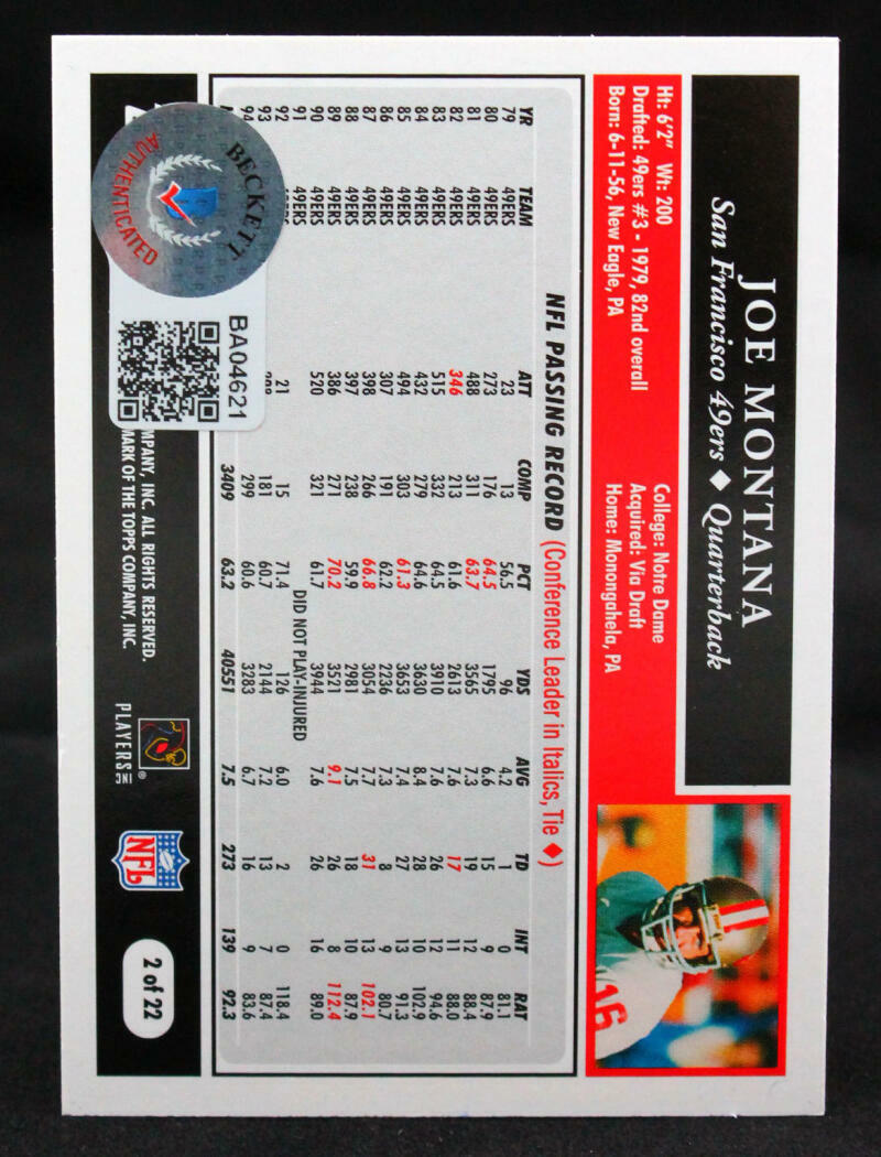 2005 Topps 50th Anniversary #2 Joe Montana 49ers Auto Beckett Witness