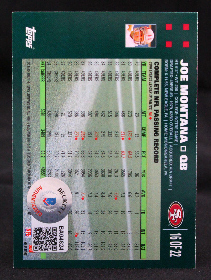 2007 Topps #16 Joe Montana San Francisco 49ers Autograph Beckett Witness