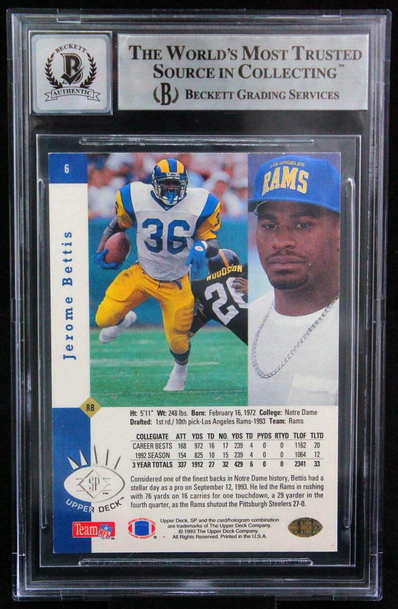 1993 SP #6 Jerome Bettis Los Angeles Rams BGS Autograph 10