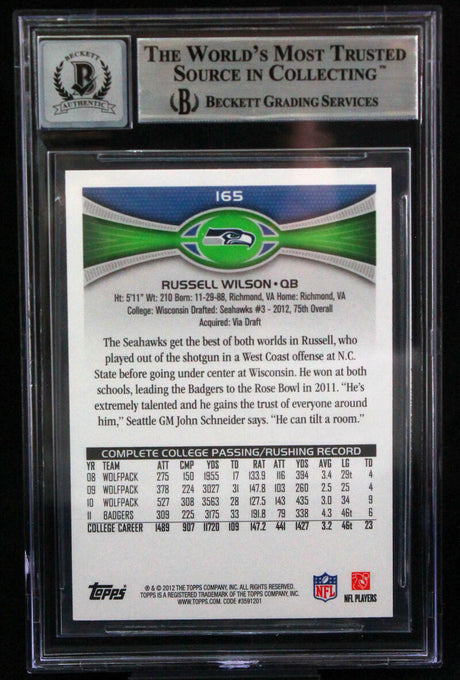 2012 Topps #165A Russell Wilson Seattle Seahawks BGS Autograph 10