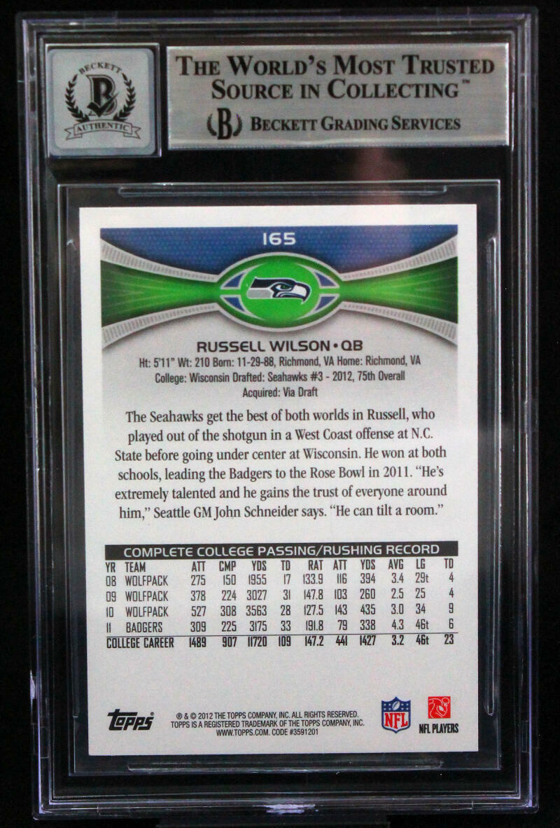 2012 Topps #165A Russell Wilson Seattle Seahawks BGS Autograph 10