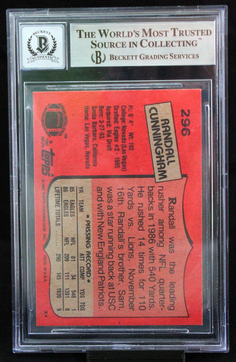 1987 Topps #296 Randall Cunningham Philadelphia Eagles BGS Autograph 10