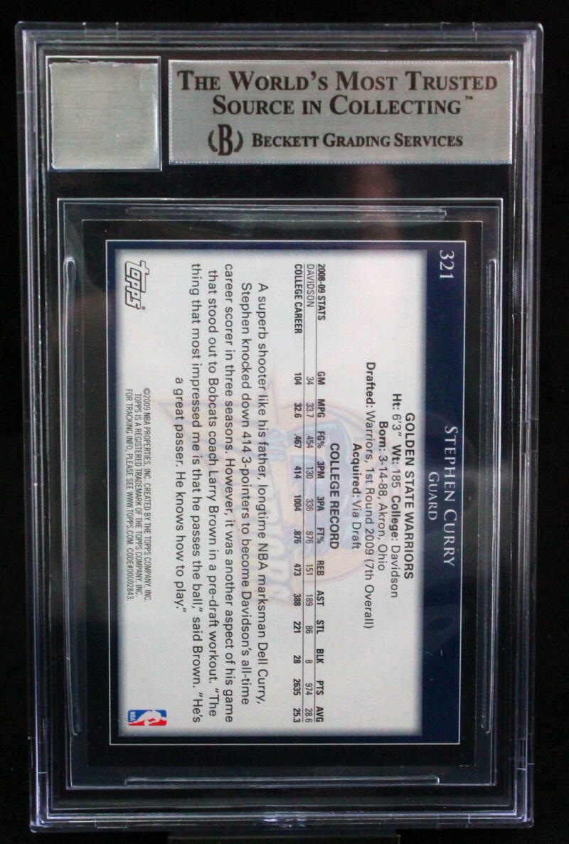 2009 Topps #321 Stephen Curry Golden State Warriors BGS Autograph 10