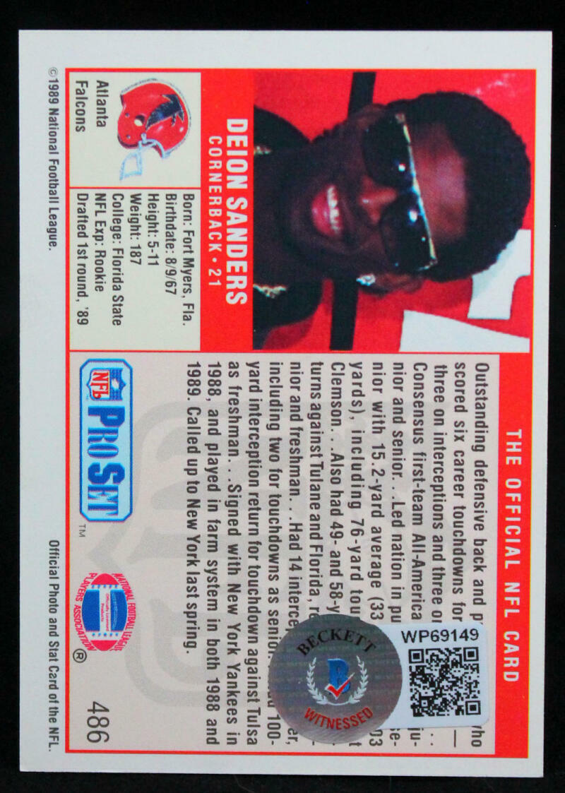 1989 Pro Set #486 Deion Sanders RC Florida Seminoles Autograph Beckett Witness