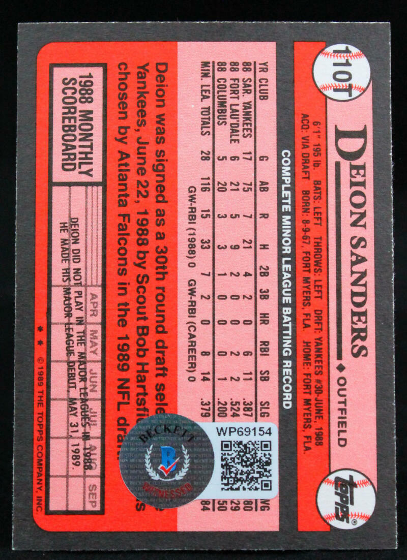 1989 Topps Traded #110T Deion Sanders RC New York Yankees Autograph Beckett Witness