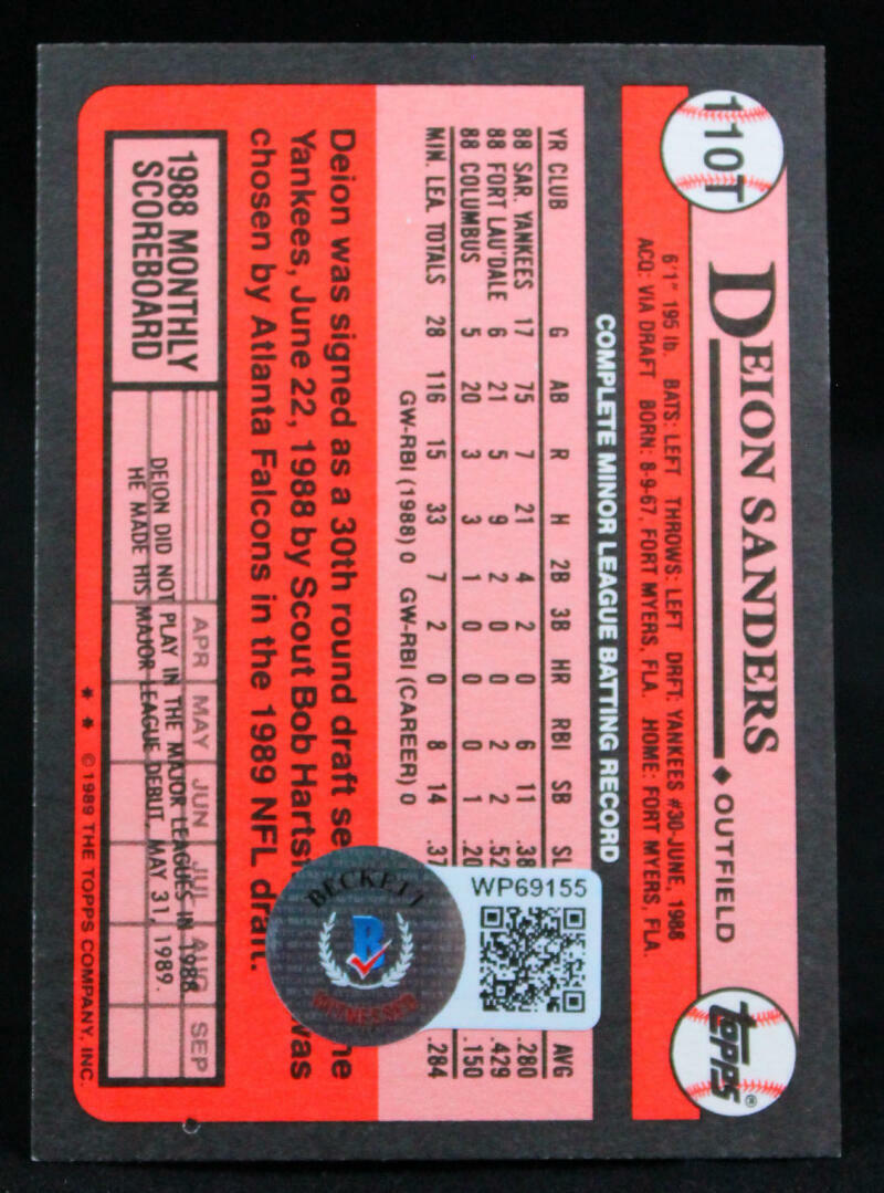 1989 Topps Traded #110T Deion Sanders RC New York Yankees Autograph Beckett Witness
