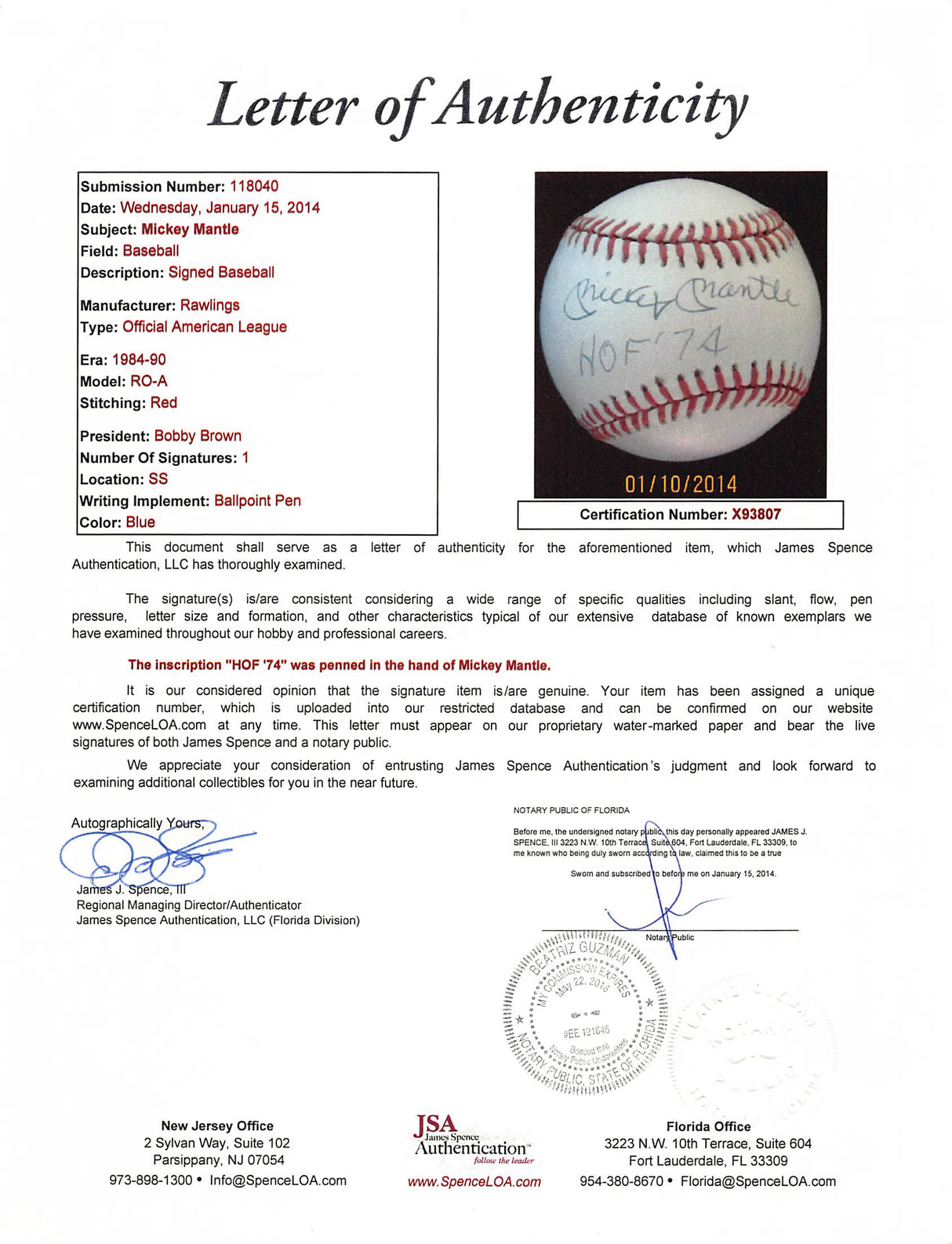 Yankees Mickey Mantle "HOF 74" Signed OAL Baseball Graded 7.5! PSA & JSA LOAs