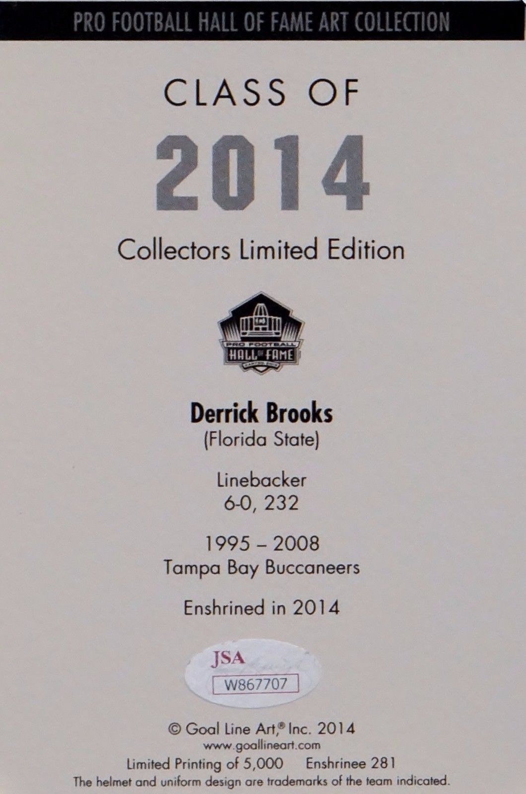 Derrick Brooks Signed TB Buccaneers Goal Line Art Card w/ HOF-JSA W Auth *Blue L