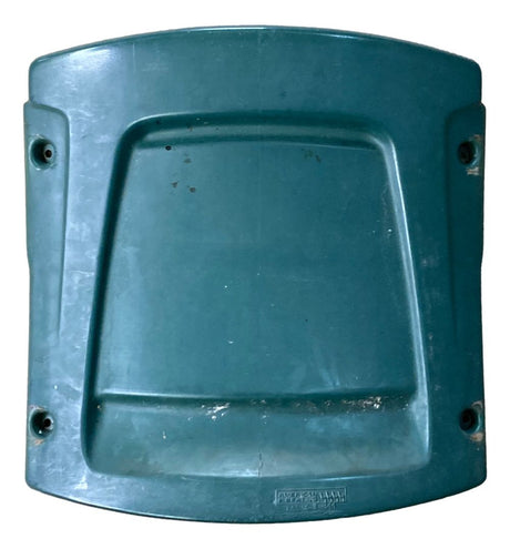 A teal 1972 Dolphins (10) Signed Stadium Seatback by Sports Integrity, limited edition 4/72, with four corner screw holes and some scuff marks.