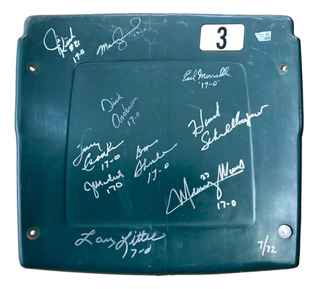 This Sports Integrity collectible is a green stadium seatback, numbered 7/72, signed by 10 members of the 1972 Dolphins including Shula and Csonka, each with “17-0” beside their names. Available from Fanatics.