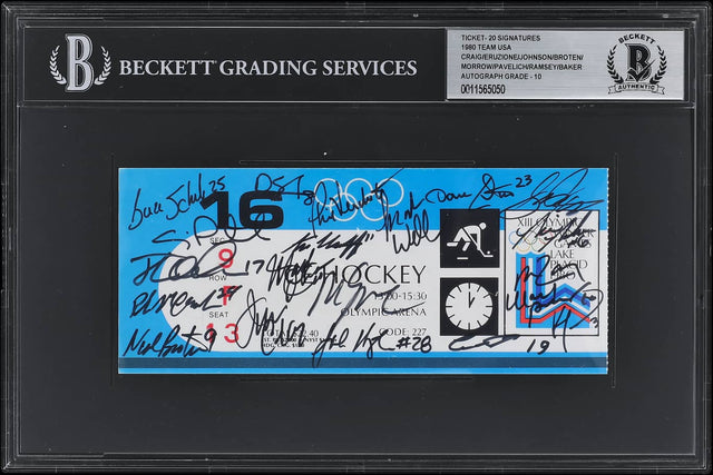 A Beckett-graded slab by Sports Integrity featuring a 1980 USA Hockey Norway Game ticket (Feb 16) with 20 signatures in black ink, event details, and a BAS Auto 10 label at the top.