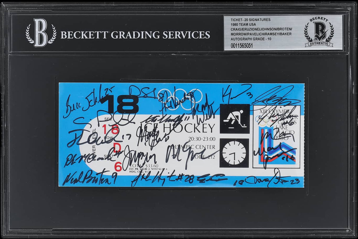 A Sports Integrity 1980 USA Hockey Romania Game ticket (Feb 18), Beckett Auto 10, features 20 black ink autographs across the front, grading info at the top, and a blue, white, and red hockey-themed design below.