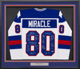 1980 Team USA Miracle on Ice Autographed Framed White Jersey "Do You Believe In Miracles?!" With 18 Signatures Including Eruzione & Craig Beckett BAS Witness Stock #262550