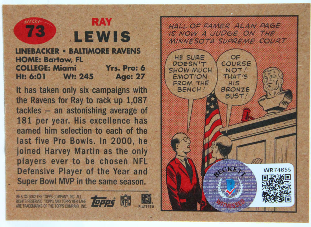 2002 Topps Heritage #73 Ray Lewis Baltimore Ravens Autograph Beckett Witness