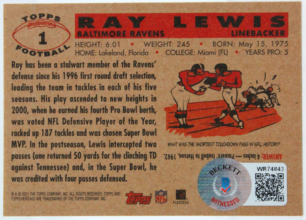 2001 Topps Heritage #1 Ray Lewis Baltimore Ravens Autograph Beckett Witness