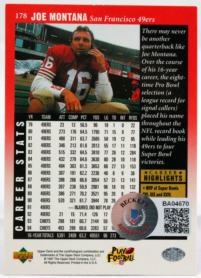 1997 Upper Deck #178 Joe Montana San Francisco 49ers Auto Beckett Witness