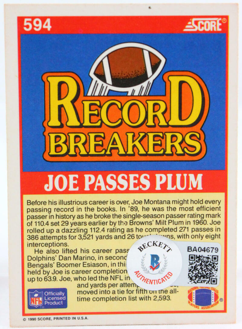 1990 Score Record Breakers #594 Joe Montana 49ers Auto Beckett Witness